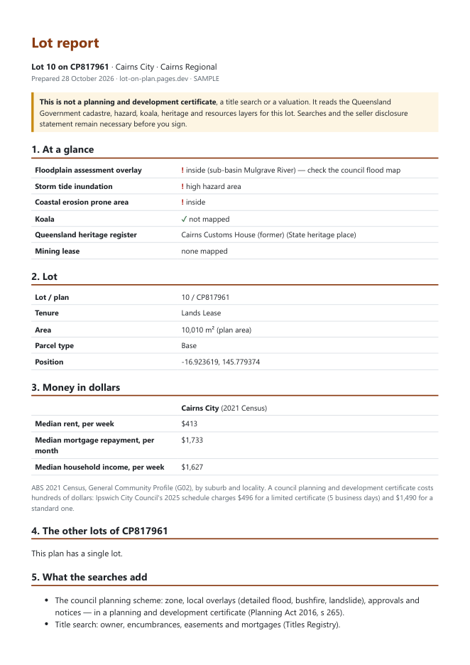 First page of the sample lot report
